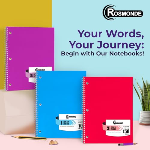 Rosmonde 1 Subject Graph Paper Spiral Notebook, 12 Pack, 70 Sheets (140 Pages), 8 x 10-1/2" Bulk 4x4 Spiral Bound Grid Notebooks, 3 Hole Punched Single Subject Quad Ruled Spiral Notebooks for School