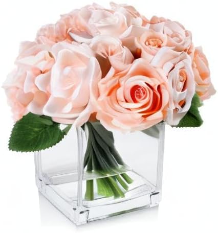18 Heads Rose Faux Flowers in Vase, Aritificail Rose Floral Arrangement with Vase for Dining Table, Bedroom, Wedding Decor (Champagne)