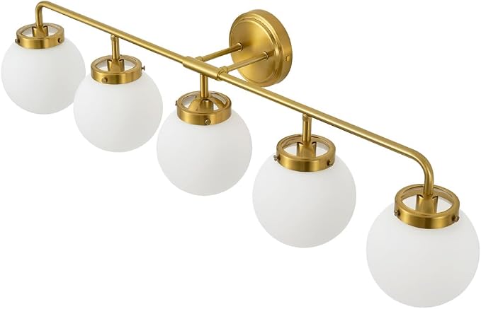 Bathroom Light Fixtures Gold Vanity Lights Over Mirror, Modern Wall Sconce Lighting 5-Light with White Glass Globe Shade