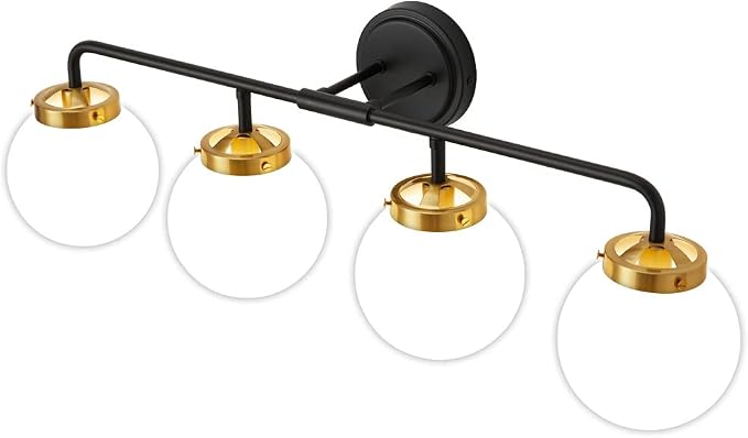 Black Gold Bathroom Light Fixtures Above Mirror, Modern Vanity Lighting with White Glass Globe Shade 4-Light Farmhouse Wall Sconce