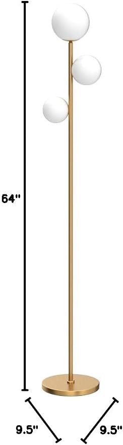 Fiqevs 3 Globe Floor Lamp Mid Century Modern, Gold Standing Lamp with Frosted Glass Shade & LED Bulbs, Tall Pole Light with Foot Switch for Living Room Bedroom Office - Antique Brass