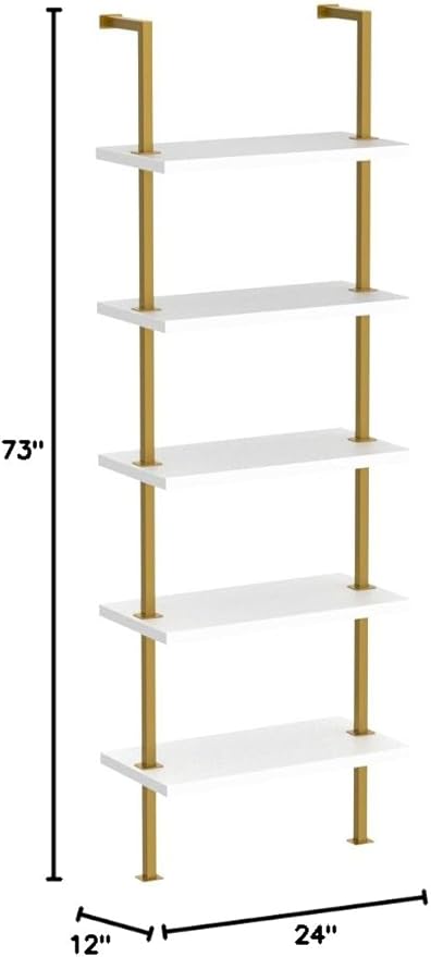 Nathan James 66001 Theo 5-Shelf Gold, Ladder Bookcase with Gold/Brass Metal Frame, White, Set of 2