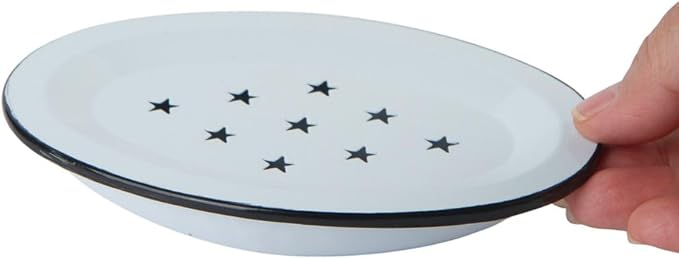 Vintage Enamel Soap Dish with Drip Tray | White with Black | Farmhouse Style Bathroom Bowl | Oval 5.5 x 4 inch