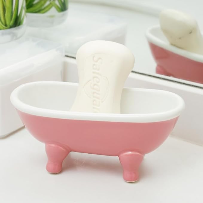 5.7" Ceramic Mini Clawfoot Bathtub Bar Soap Dish, Decorative Bar Soap Holder for Shower, Bathroom & Kitchen Sink (Pink)