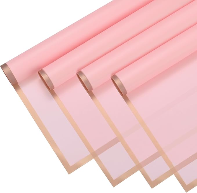 M METERXITY 20 Sheets Flower Wrapping Paper Bouquet, 23 Inch Rose Pink Gold Edge BOPP Waterproof Floral Wrapping Paper Flower Packaging DIY for Wedding/Party/Birthday/Gift Bouquet Wrap Paper