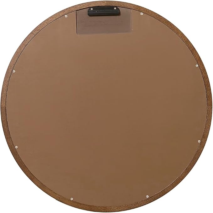 ARIEL Round Wooden Mirror 24" in Brown Oak, Wood Circle Wall Mirror for Bathroom, Vanity, Entryway & Living Room Decor, Farmhouse Style
