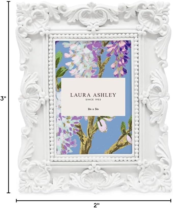 Laura Ashley 2x3 White Ornate Textured Hand-Crafted Resin Picture Frame with Easel, for Tabletop & Wall Display, Decorative Floral Design Home Décor, Photo Gallery, Art & More (2x3, White)