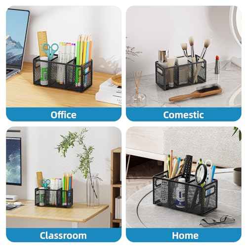 Marbrasse Mesh Pen Holder for Desk,Pencil Holder Desk Organizer 3 Adjustable Compartments,Pencil Cup with Handle Perfect for Classroom, Office, Home,Makeup,Art (Black)
