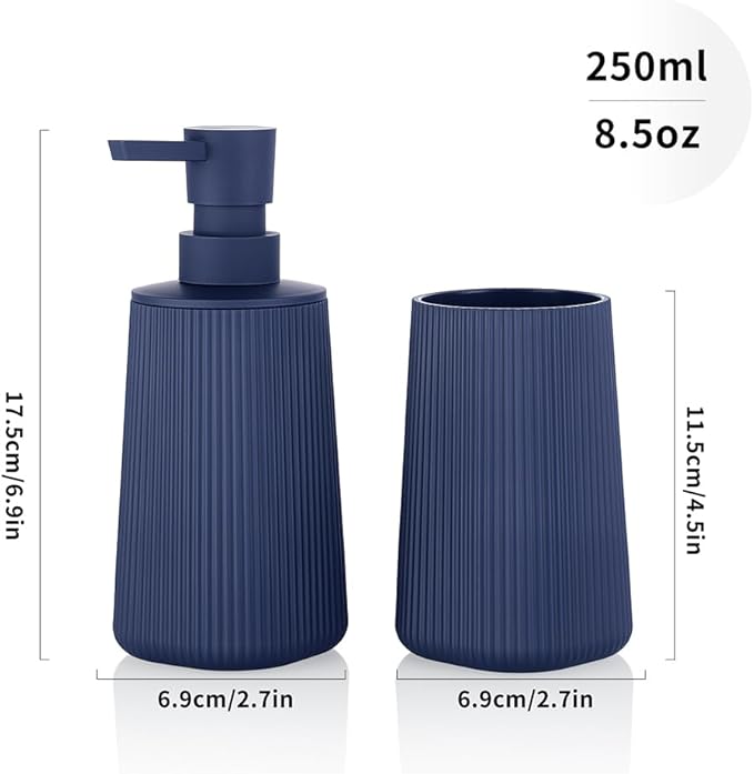 YAUKPH Bathroom Accessories Set 2 Piece Soap Dispenser and Toothbrush Holder for Bathroom Countertop Striped Blue