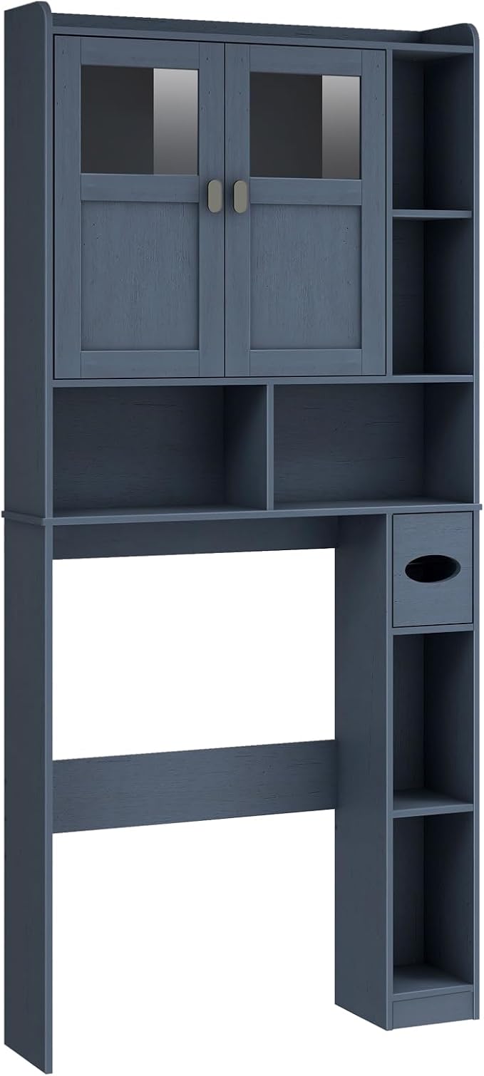 Vabches Over The Toilet Storage Cabinet, Bathroom Shelf Over Toilet with Glass Doors and Adjustable Shelves, Navy Blue Freestanding Home Space Save Toilet Rack, for Restroom, Bathroom, Laundry