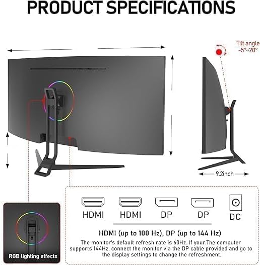 ZZA UltraWide 34 inch Curved Monitor 1500R PC Screen 180hz Refresh Rate WQHD 3440x1440 Computer Gaming Monitor VA PanelAMD FreeSync Premium | HDR10 | 99% sRGB | VESA