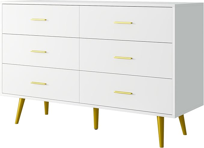 White Dresser for Bedroom with Gold Handles, 6 Drawer Wood Dresser Modern Chest of Organizer Storage Drawers for Hallway, Living Room, TV Stand