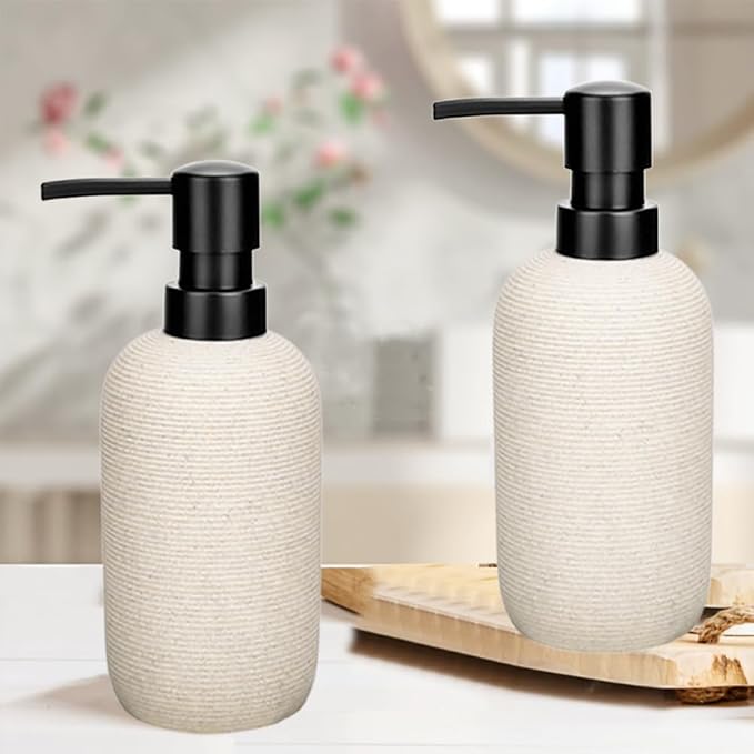 2pcs Hand Soap Dispenser Set - Sandstone Textured Resin Liquid Soap Dispenser for Bathroom & Kitchen Countertop, Matte Beige