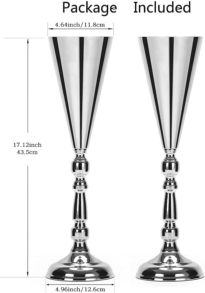 Set of 2 Tabletop Metal Wedding Flower Trumpet Vase Wedding Centerpiece Flower Vase for Wedding Event Decoration Living Decor Party Decor (Silver, 2×L)