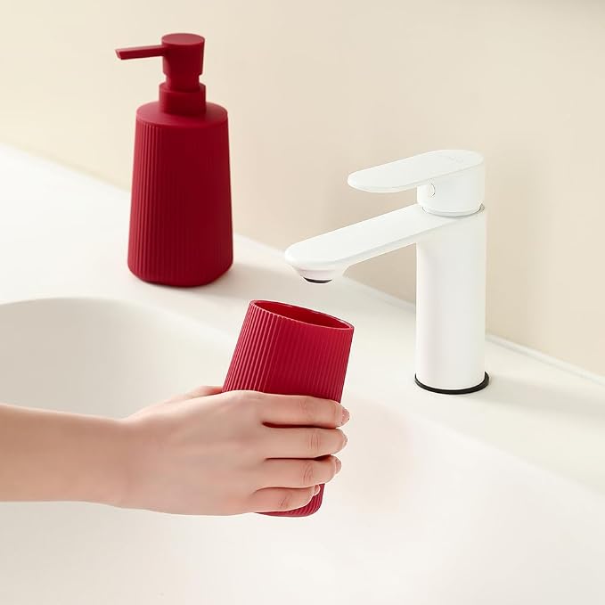 YAUKPH Bathroom Accessories Set 2 Piece Soap Dispenser and Toothbrush Holder for Bathroom Countertop Striped Red