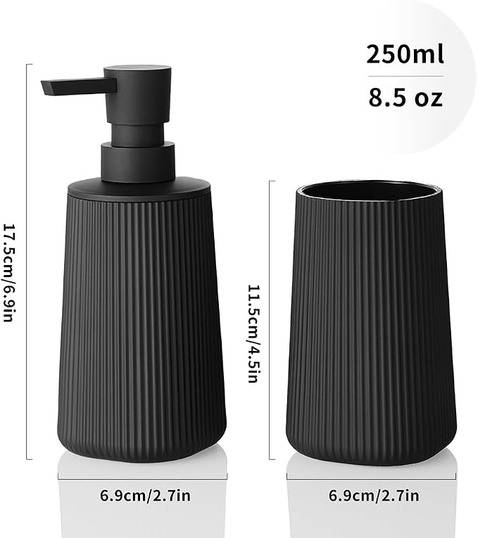 YAUKPH Bathroom Accessories Set 2 Piece Soap Dispenser and Toothbrush Holder for Bathroom Countertop Striped Black
