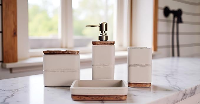 Hymmah Leather Pattern Design Bathroom Accessories Set,Farmhouse Bathroom Decor,4 Pcs Resin Gift Set Apartment Necessities, Contain Cotton Swab Jar,Soap Dispenser,Tumbler,Soap Dish/Tray