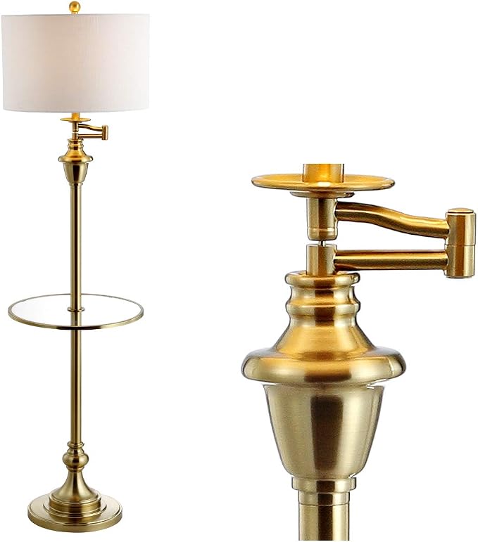 JONATHAN Y 60" Brass Gold Floor Lamp with Integrated Glass Side Table, Modern Swing Arm Standing Lamp for Living Room, White Linen Shade, LED Bulb Included JYL3055A