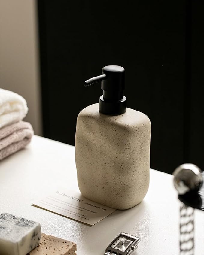 Modern Organic Ceramic Soap Dispenser – Matte Stone Textured Hand Sanitizer Pump – Minimalist Bathroom & Kitchen Decor