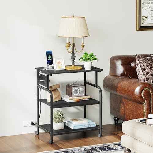 YAOHUOO 3 Tier Large Printer Stand with Power Outlet/Adjustable Storage Shelf, Rolling Cart with Wheels, Printer Table for Home Office 3D Printer/Heat Press/Laster, 22"¡¿15" Black