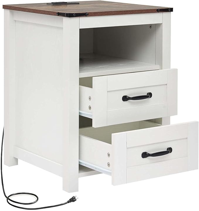 Farmhouse Night Stand, Rustic White Nightstand for Bedroom, End Tables with Charging Station, Bedside Table with Drawers, Wood Bedside Cabinet Dresser