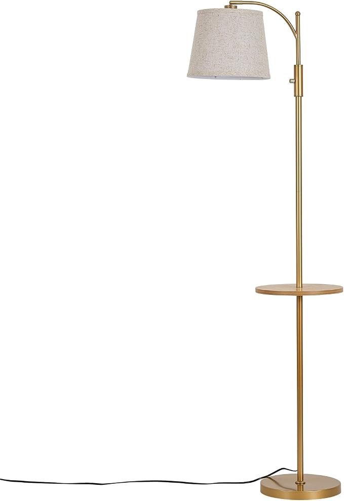 AIDENOEY Fully Dimmable Floor Lamp for Living Room,Standing Lamp Rotary Switch with Table&Linen Beige Shade,Golden Tall Lamps for Bedroom with Adjust Head,9W LED Bulb Included