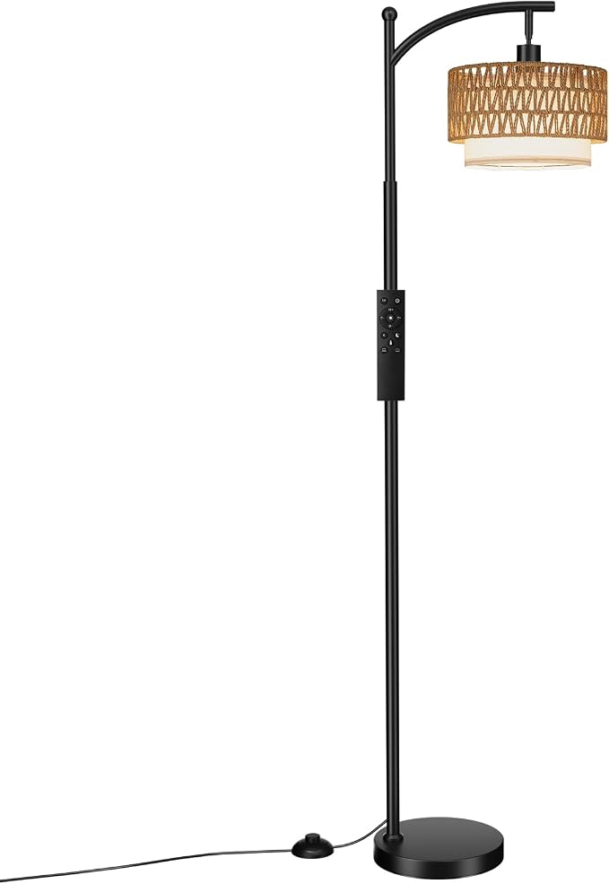 Ambimall Arc Floor Lamp for Living Room with Remote, Color Temperature & Brightness Adjustable, Boho Standing Lamp with Rattan & Fabric Double Drum Shades, Bulb Included(Black)