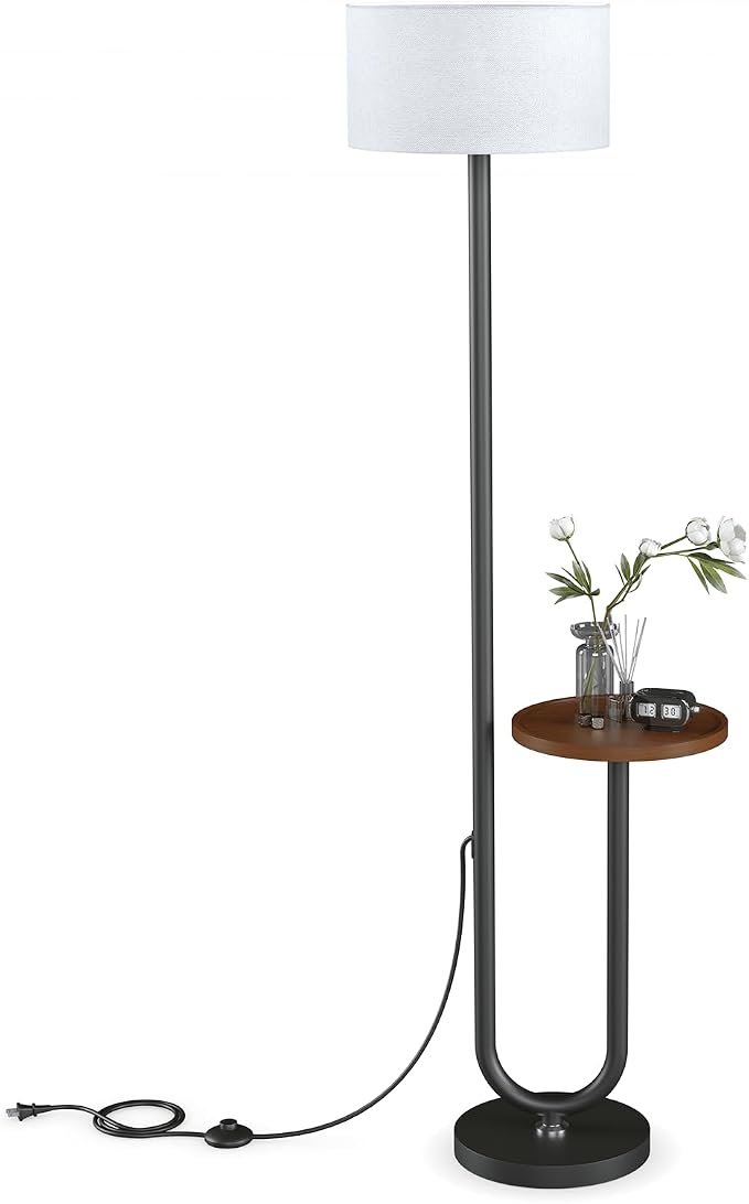 62.9" Floor Lamp with Table Brown, White Lampshade Vintage Standing Lamp with Tray Foot Switch, 3 Color Temperatures LED Bulb Included, for Living Room, Bedroom