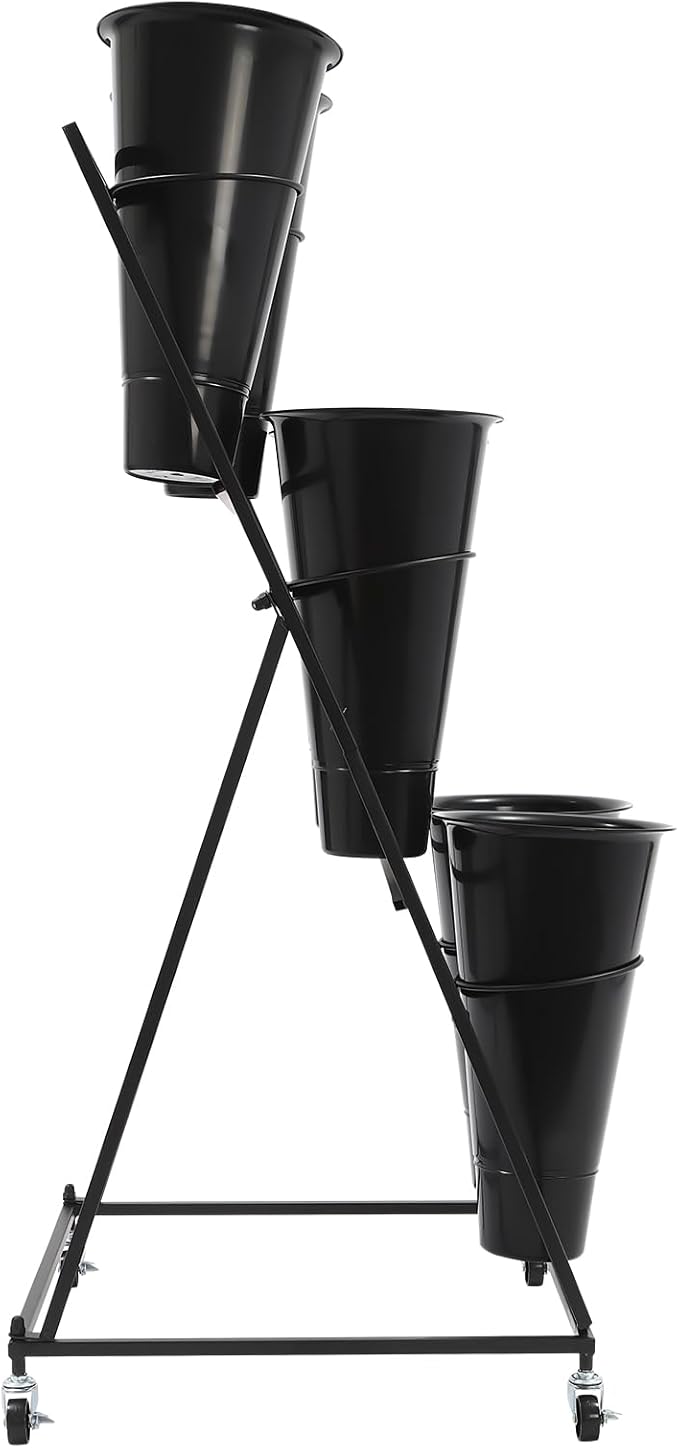 DYRABREST Flower Display Stand with Buckets, Black 3 Layers Metal Plant Stand with 6 Pieces Buckets, Moving Florist Bouquet Shelf for Fresh Flower Shop, for Patio Garden, Outdoor Flower Pop-Up Events