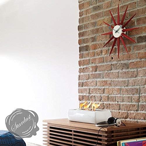 SHISEDECO Modern Sunburst Clock in Red Color, Non Ticking Wooden Mid Century Retro Design Decorative Silent Wall Quartz Clocks for Home, Living Room, Office and Bedroom etc.