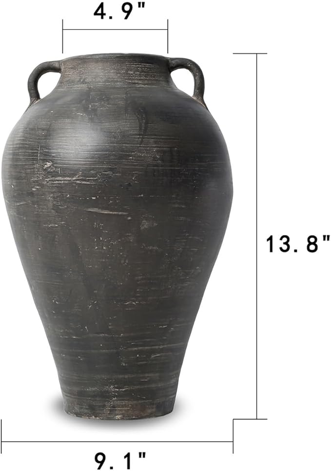 Approx. 14" H Charcoal Gray Vase with Two Handles (4.9" Opening)