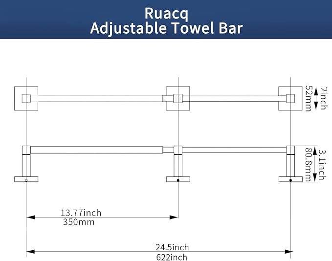 RUACQ Adjustable Towel Bar 13.8 to 24 inch,Square Base Single Towel Racks for Bathroom,Stainless Steel Towel Holder wall Mounted,Sturdy and Rustproof(Matte Black)