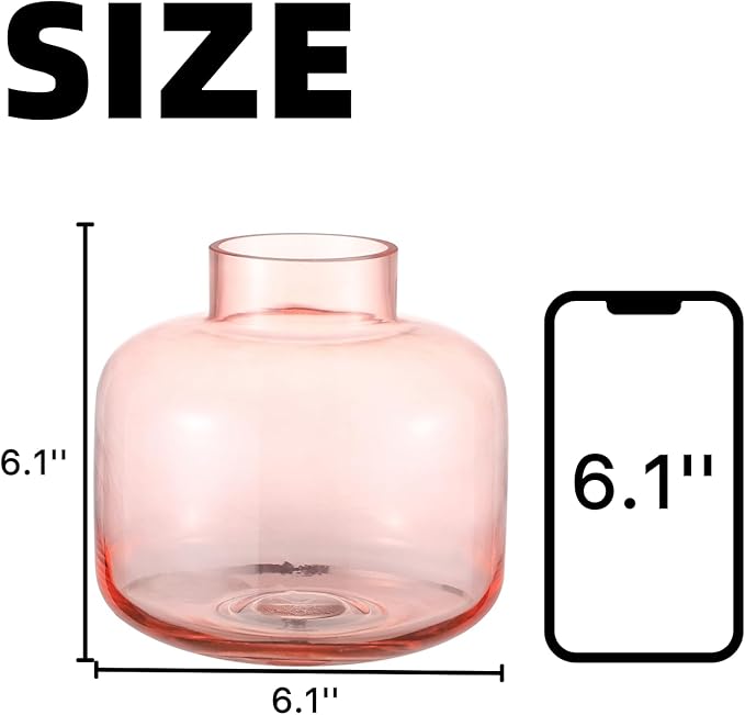 Pink Glass Vase, Short Flower Vase, Round Glass Vases for Flowers, 6 Inch Small Glass Vases for Living Room, Dining Table, Wedding, Bookshelf, Office, Coffee Table
