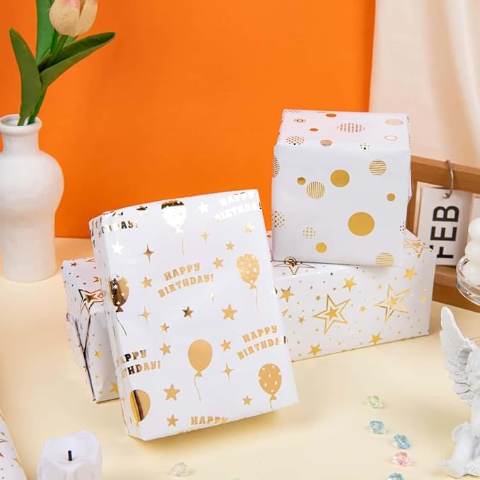 Linnoptimix Birthday Wrapping Paper Rolls -3 LARGE ROLL-27inch*78 inch per roll Colorful Foil wrapping paper(Birthday 3 White/Gold(008))