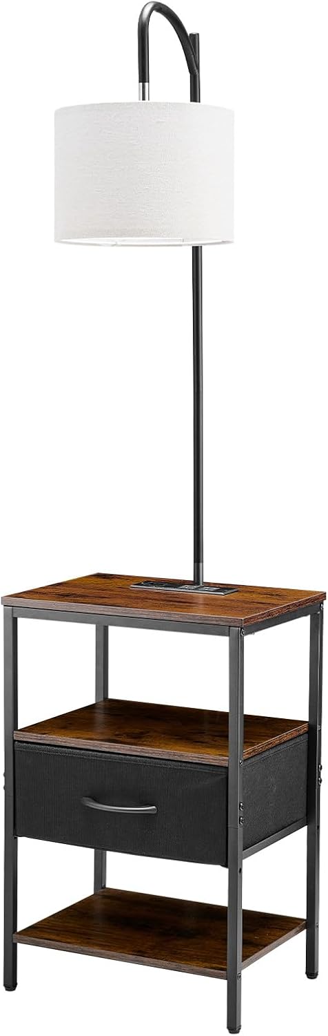 VEVOR Floor Lamp with Table - 3-Tier End Table & 3 Color Temperature Lighting | Modern Bedside Desk with USB & AC Charging Ports
