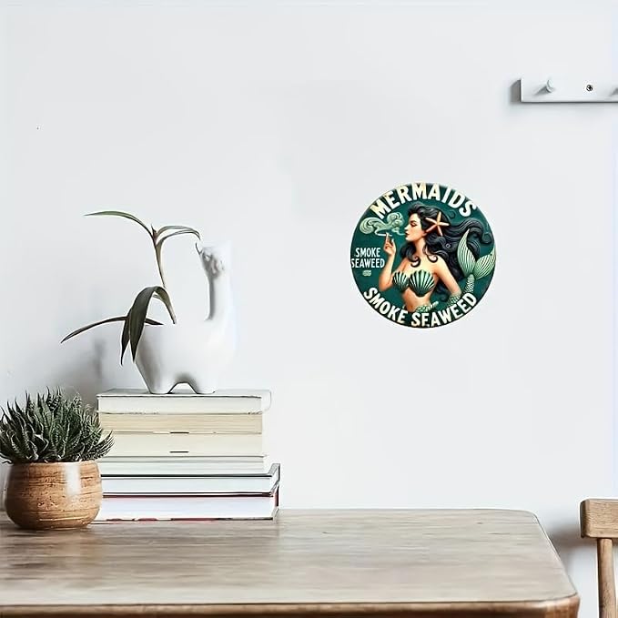 1pc Flat Disc Wooden Room Decor, Vintage Mermaid Seaweed Smoke Design, 8x8 inches (20x20 cm), Durable, Easy to Hang, for Bedroom, Kitchen, Home, Office or as a Gift