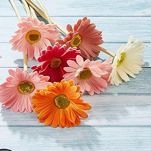 WILLBOND 18 Pieces Artificial Gerbera Daisies Flowers Fake Daisy Faux Boho Daisy Flowers Bouquet 15 in for Boho Birthday Decorations Wedding Home Decor (White,Pink,Yellow,Orange,Rose,Coral)