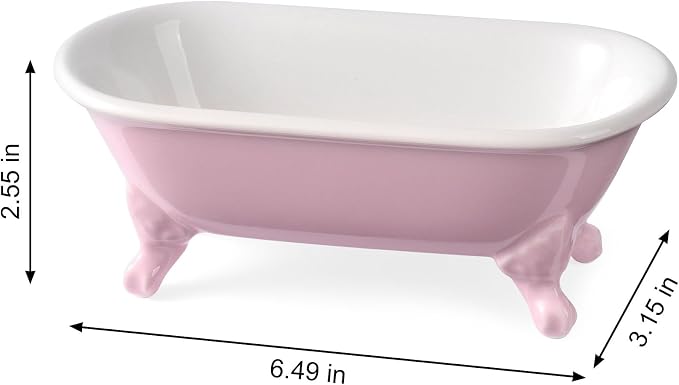 6.5" Ceramic Mini Decorative Clawfoot Bathtub Bar Soap Dish, Kitchen Sponge Holder and Shower Tray for Bathroom, 1 Pack (Pink)
