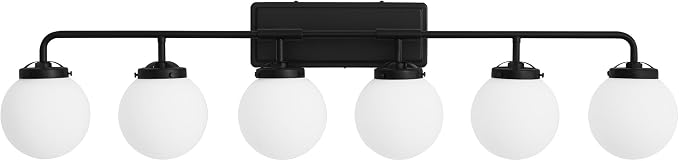 Bathroom Light Fixtures Over Mirror, 6-Light Matte Black Vanity Lighting with Milk White Glass Globe Shades Modern Wall Sconce