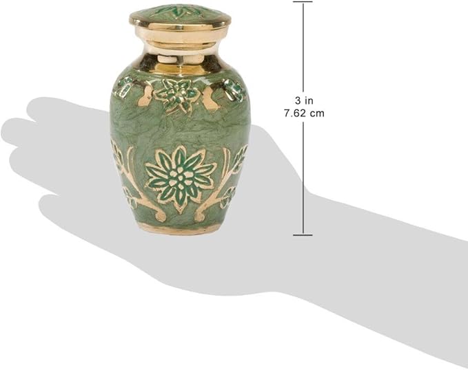 Green Garden Brass Keepsake Cremation Urn | Unique Brass Funeral Urn with Gold & Green Enamel Details | Keepsake