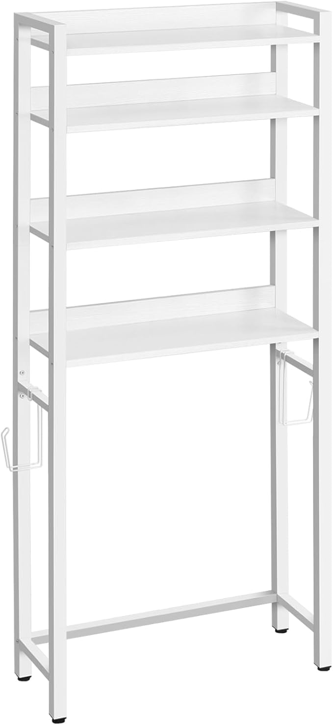MAHANCRIS Over The Toilet Storage Rack, 4 Tier Bathroom Organizer Over Toilet, Freestanding Space Saver Toilet Stand with 2 Hooks, Bathroom Storage Shelf, Easy to Assemble, White TSBW0401