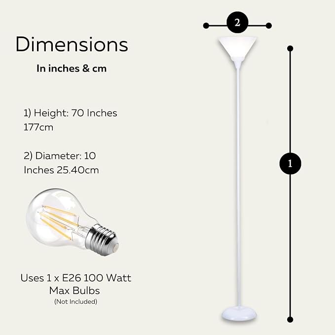 LIGHTACCENTS White Torchiere Floor Lamp - Floor Lamps for Living Room, Bedroom Standing Lamp, Modern Living Room Decor, 70-Inch Pole Light with Opal White Cone Shade - Stylish Tall Lamp
