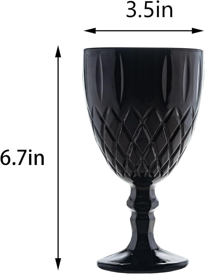 Black Vintage Wine Glasses Set of 6, 11 Ounces Colored Glass Water Goblets, Colorful Unique Embossed Pattern High Clear Stemmed Glassware Wedding Party Bar Glass Drinking Cups Fancy Glasses