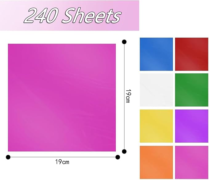 BetterJonny 240 Pcs Cellophane Sheets, 19X19cm Transparent Colored Cellophane Wrap Treat Candy Small Gifts Wrapping Colorful Plastic Sheets for DIY Arts Crafts Decorations(8-Colors