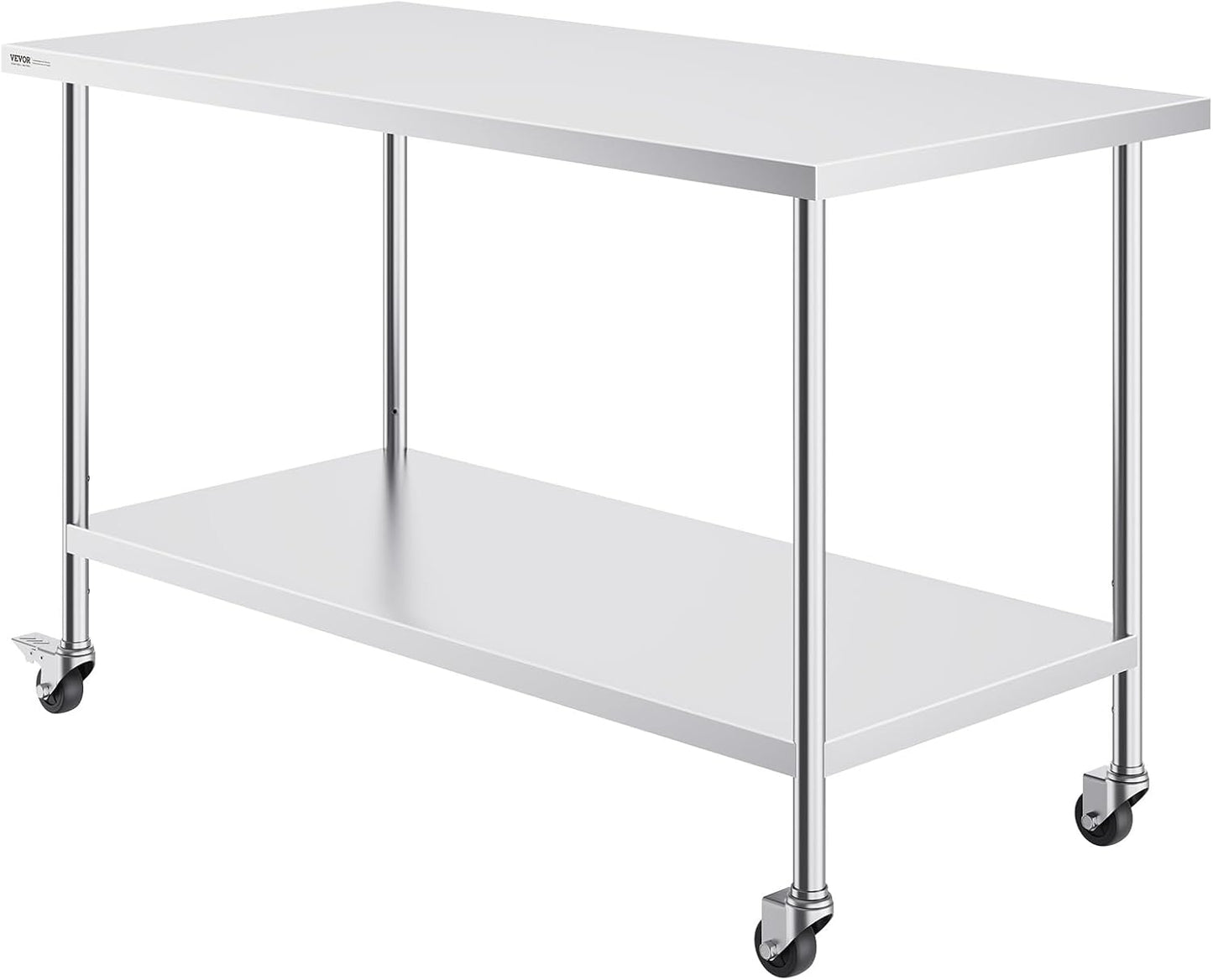 VEVOR Stainless Steel Work Table - Heavy-Duty Food Prep Table with 4 Wheels | 30 x 60 x 38 Inch, Adjustable Height