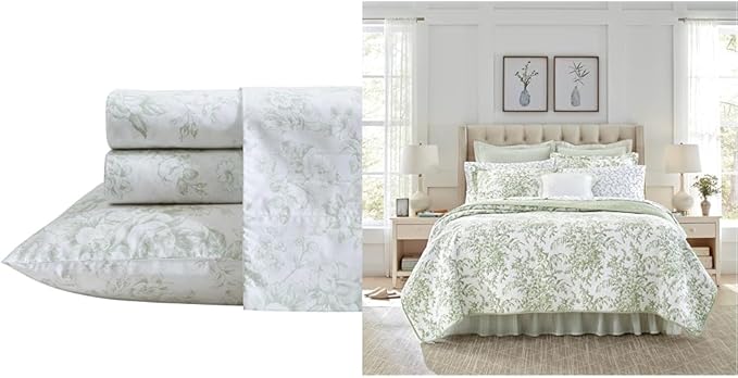 Laura Ashley - Twin Bedding Bundle, Reversible Comforter with Matching Sham & Cotton Percale Sheet Set, Deep Pocket, Dorm Essentials (Green/White)