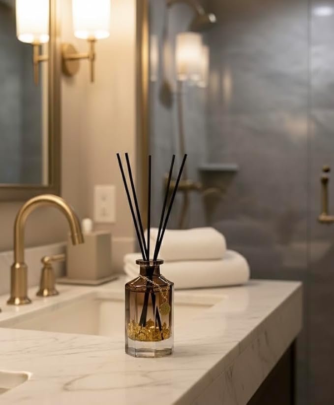 VANGIE Luxury Reed Diffuser for Home | Spiced Amberwood Warm & Woody Scent | Elegant Glass Bottle with Gold Flakes | Long-Lasting, Vegan | Bedroom, Living Room & Office