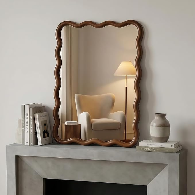 Elountik Wavy Rectangle Solid Wood Decorative Mirror, 30x40 Inches, Black Walnut Frame for Living Room, Bedroom, Bathroom & Entryway Wall Décor