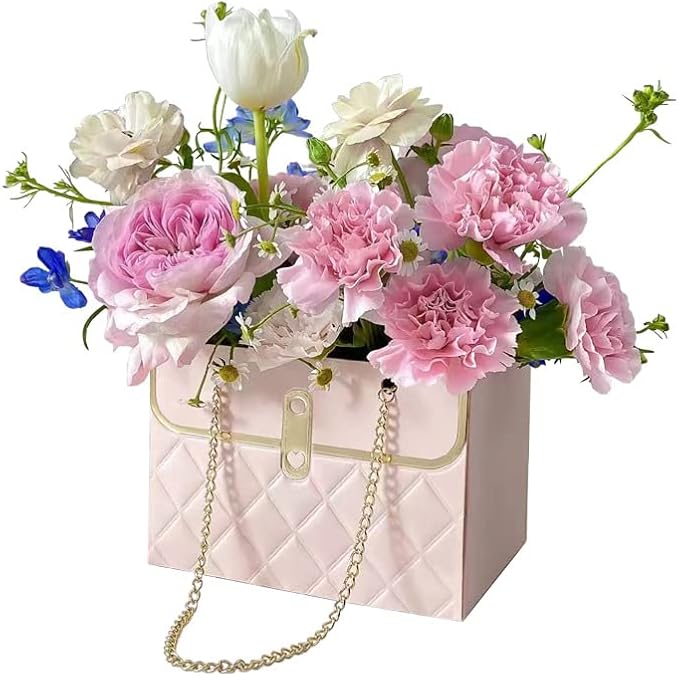 NADUSEP 4 PCS Flower Paper Gift Bag Bouquet Storage Bucket, Florist Flower Hand bag with Metal Chain Gift Case for Gifts Wrapping Supplies Bulk Mother's Day Valentine's Day Women's Day (Black)