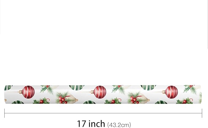 LeZakaa Christmas Wrapping Paper Roll – 17 in x 16.4 ft Gift Wrap with Red & Green Ornaments, Holly & Bells Holiday Design for Christmas Presents & Party Gifts